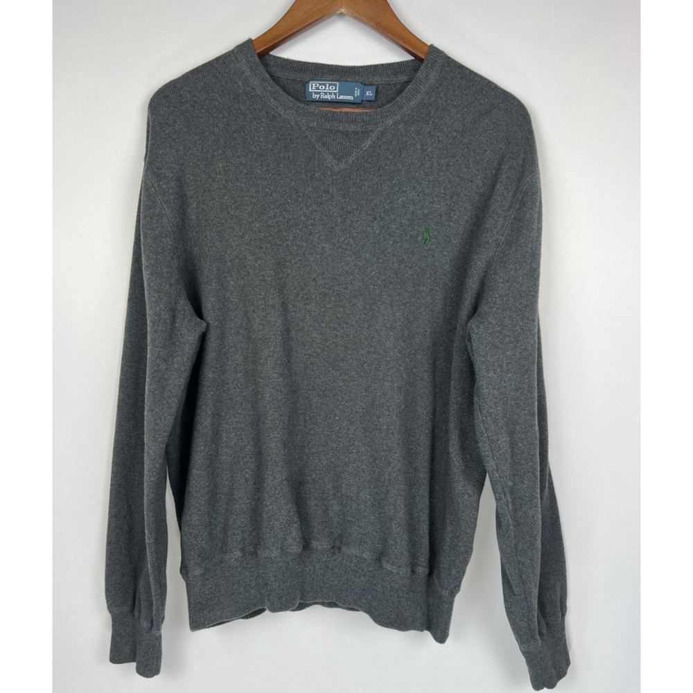 Polo Ralph Lauren Men Gray Cotton Knit Sweater XL V-Neck Pullover Long Sleeve